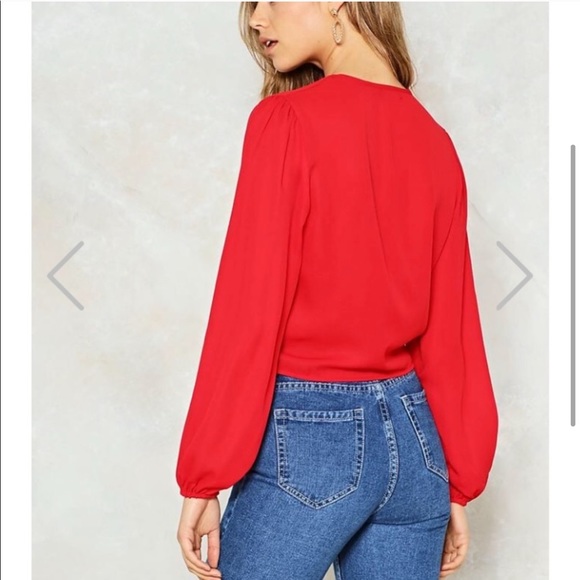 Nasty Gal | Front Tie Red Long Sleeve Shirt - Picture 3 of 7